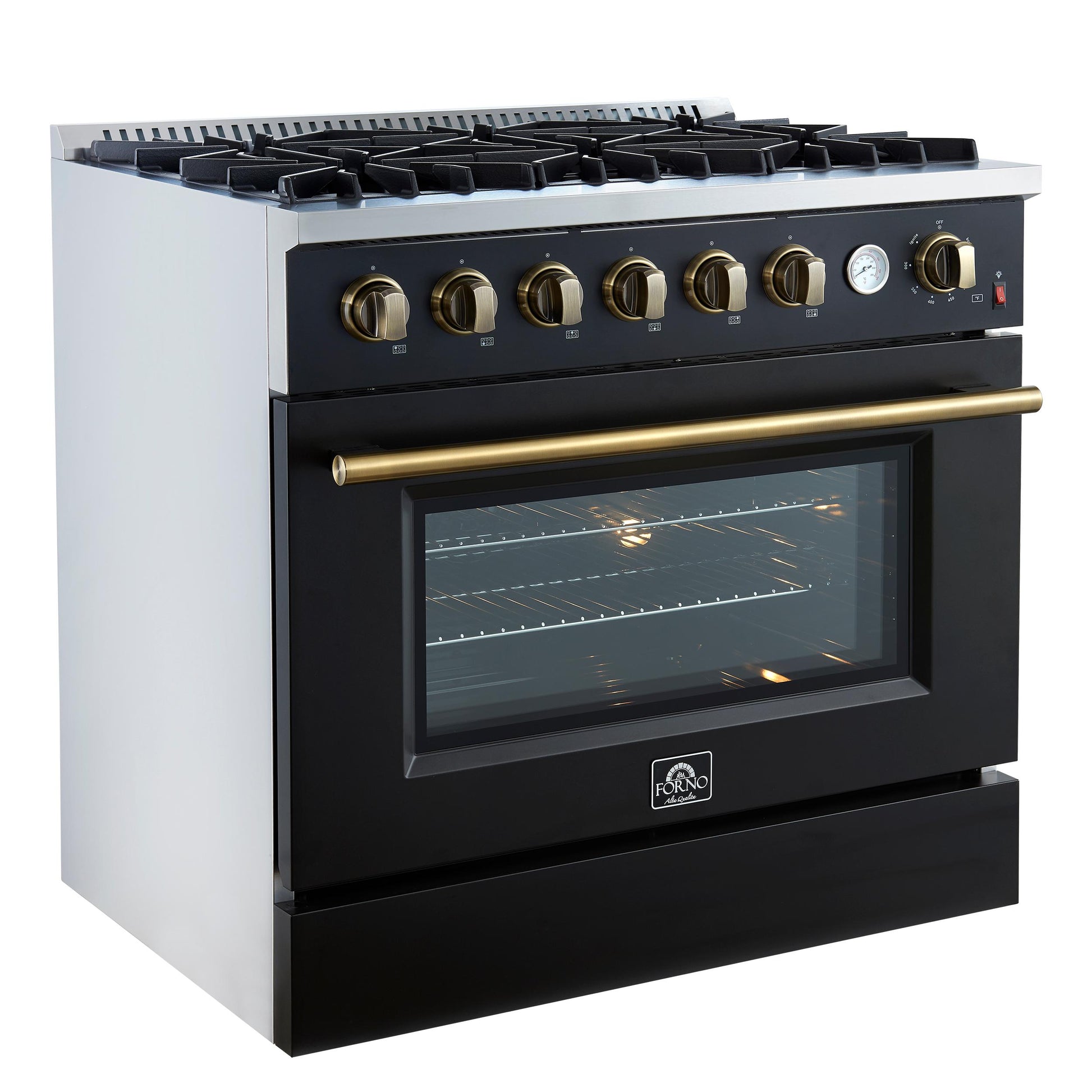 Forno FFSGS627736BLK Marco 36-Inch Gas Range Black & Antique Brass Design, 6 Burners 67,000 Btu, 5.36 Cu.Ft. Convection Oven