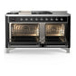 Ilve UM60FSNR3BKC Ilve Um60Fsnr3Bkc Majestic Iii 60 Inch Dual Fuel Range With 7 Burners, Griddle And French Top, Dual Function Burner With Up To 25,000 Btu (Natural Gas, Triple Glass Door, Glossy Black, Chrome)