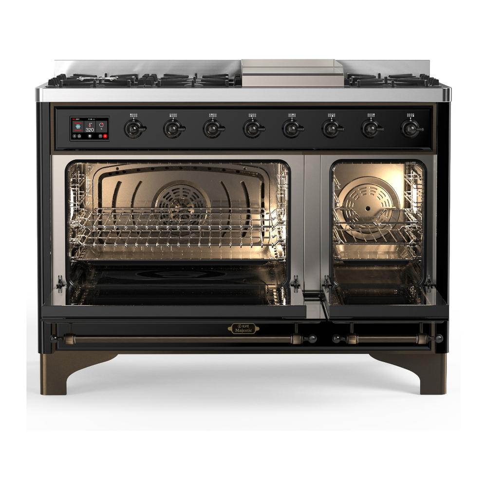 Ilve UM48FQNR3BKBLP Ilve Um48Fqnr3Bkblp Majestic Iii 48 Inch Dual Fuel Range With 8 Burners And Griddle, Dual Function Burner Up To 25,000 Btu (Liquid Propane, Solid Door, Glossy Black, Burnished)