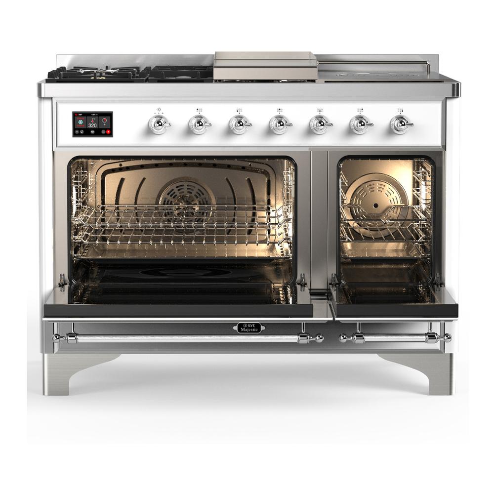 Ilve UM48FSQNR3WHCLP Ilve Um48Fsqnr3Whclp Majestic Iii 48 Inch Dual Fuel Range With 5 Black Brass Burners, Griddle And French Top, Dual Function Burner Up To 25,000 Btu (Liquid Propane, Solid Door, White, Chrome)