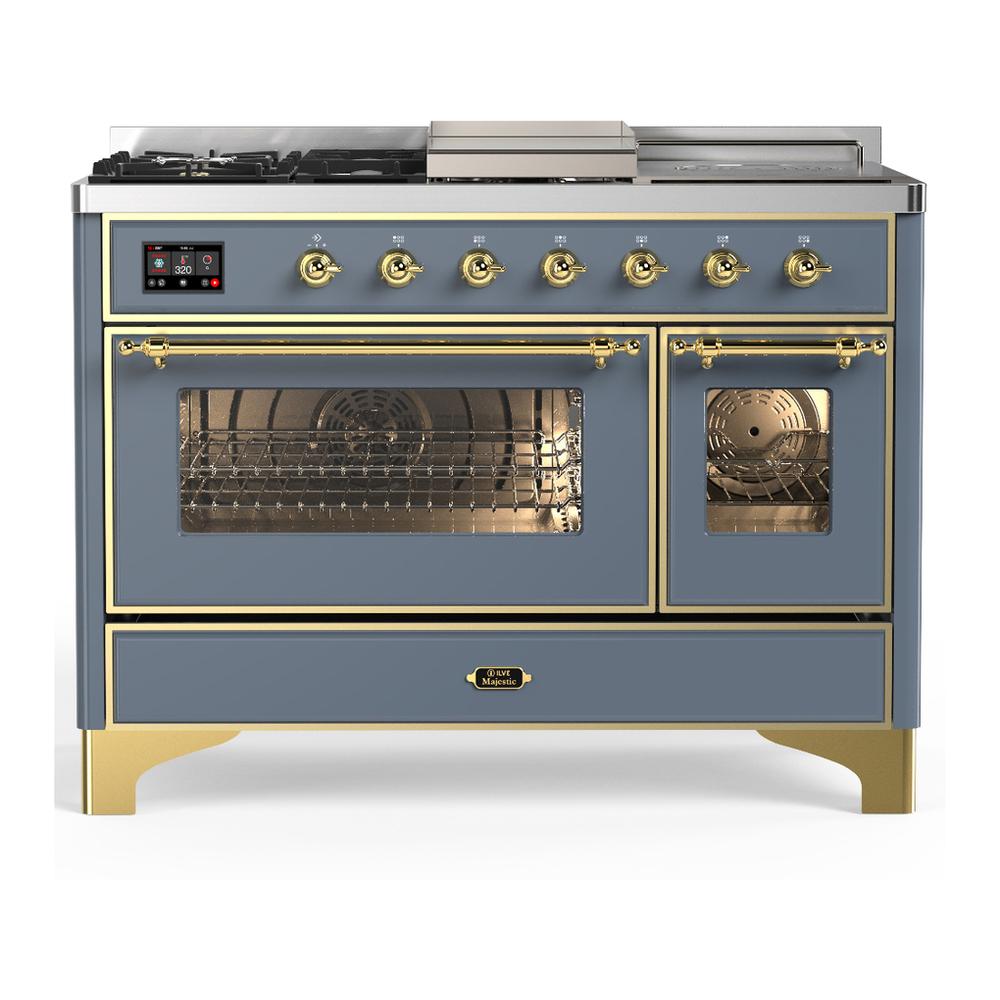 Ilve UM48FSNR3BGGLP Ilve Um48Fsnr3Bgglp Majestic Iii 48 Inch Dual Fuel Range With 5 Black Brass Burners, Griddle And French Top, Dual Function Burner Up To 25,000 Btu (Liquid Propane, Triple Glass Door, Blue Grey, Brass)