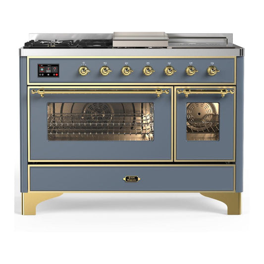 Ilve UM48FSNR3BGGLP Ilve Um48Fsnr3Bgglp Majestic Iii 48 Inch Dual Fuel Range With 5 Black Brass Burners, Griddle And French Top, Dual Function Burner Up To 25,000 Btu (Liquid Propane, Triple Glass Door, Blue Grey, Brass)