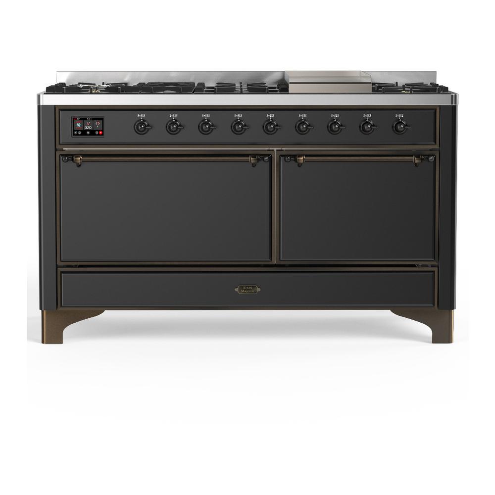 Ilve UM60FQNR3MGB Ilve Um60Fqnr3Mgb Majestic Iii 60 Inch Dual Fuel Range With 9 Burners And Griddle, Dual Function Burner Up To 25,000 Btu (Natural Gas, Solid Door, Graphite Matte, Burnished)
