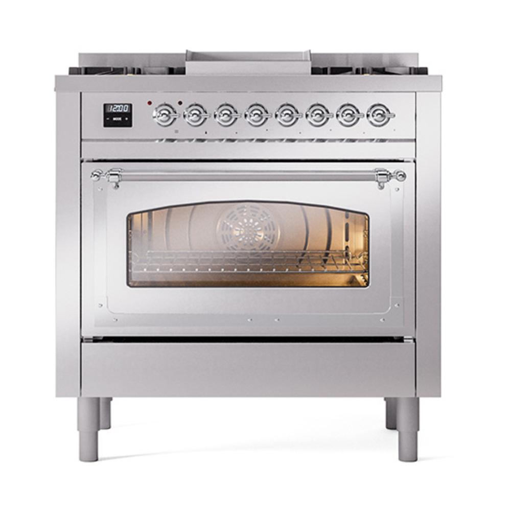 Ilve UN36FNMPSSC Ilve Un36Fnmpssc Nostalgie Ii Noblesse 36" Dual Fuel Range (Natural Gas, Triple Glass Door, Stainless Steel, Chrome)