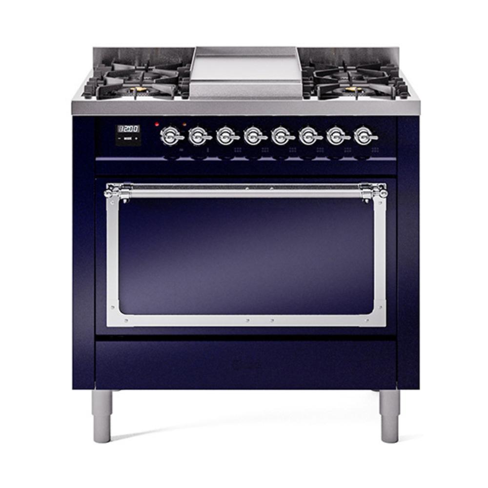 Ilve UN36FQNMPMBC Ilve Un36Fqnmpmbc Nostalgie Ii Noblesse 36" Dual Fuel Range (Natural Gas, Solid Door, Midnight Blue, Chrome)