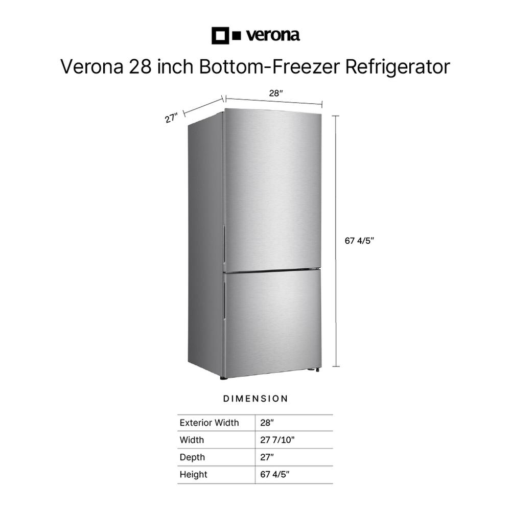 Verona VEFBF2814RSL Verona Vefbf2814Rsl 28 Inch Bottom Freezer Refrigerator With 14.8 Cu. Ft. Total Capacity, Recessed Handle, Reversible Doors, Ice Maker, Energy Star