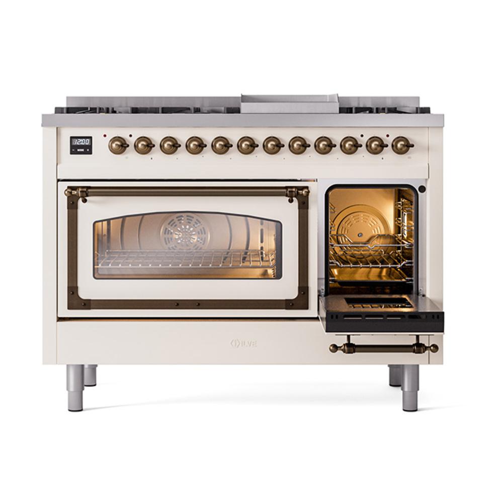 Ilve UN48FNMPAWBLP Ilve Un48Fnmpawblp Nostalgie Ii Noblesse 48" Dual Fuel Range (8 Sealed Burners + Griddle, Liquid Propane, Triple Glass Door, Antique White, Burnished)