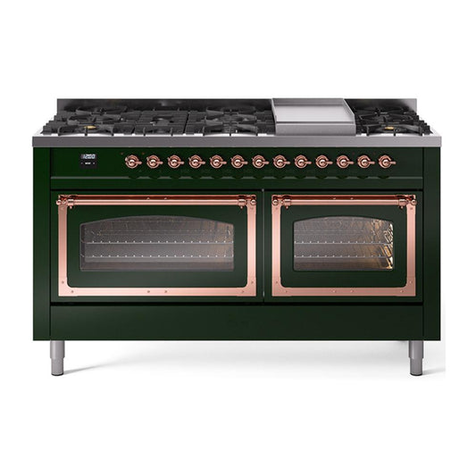 Ilve UN60FNMPEGPLP Ilve Un60Fnmpegplp Nostalgie Ii Noblesse 60" Dual Fuel Range (9 Sealed Burners + Griddle, Liquid Propane, Triple Glass Door, Emerald Green, Copper)