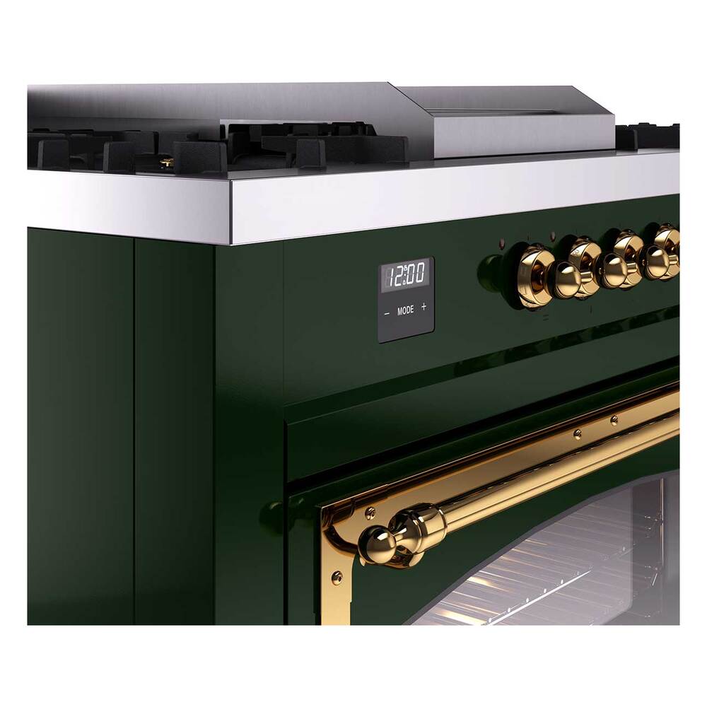 Ilve UN60FSNMPEGGLP Ilve Un60Fsnmpegglp Nostalgie Ii Noblesse 60" Dual Fuel Range (7 Sealed Burners + Griddle + French Top, Liquid Propane, Triple Glass Door, Emerald Green, Brass)