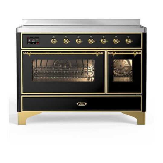 Ilve UMIB48NR3BKG Ilve Umib48Nr3Bkg Majestic Iii 48 Inch Induction Range With 6 Elements, 5.02 Cu. Ft. Total Oven Capacity (Triple Glass Door, Glossy Black, Brass)