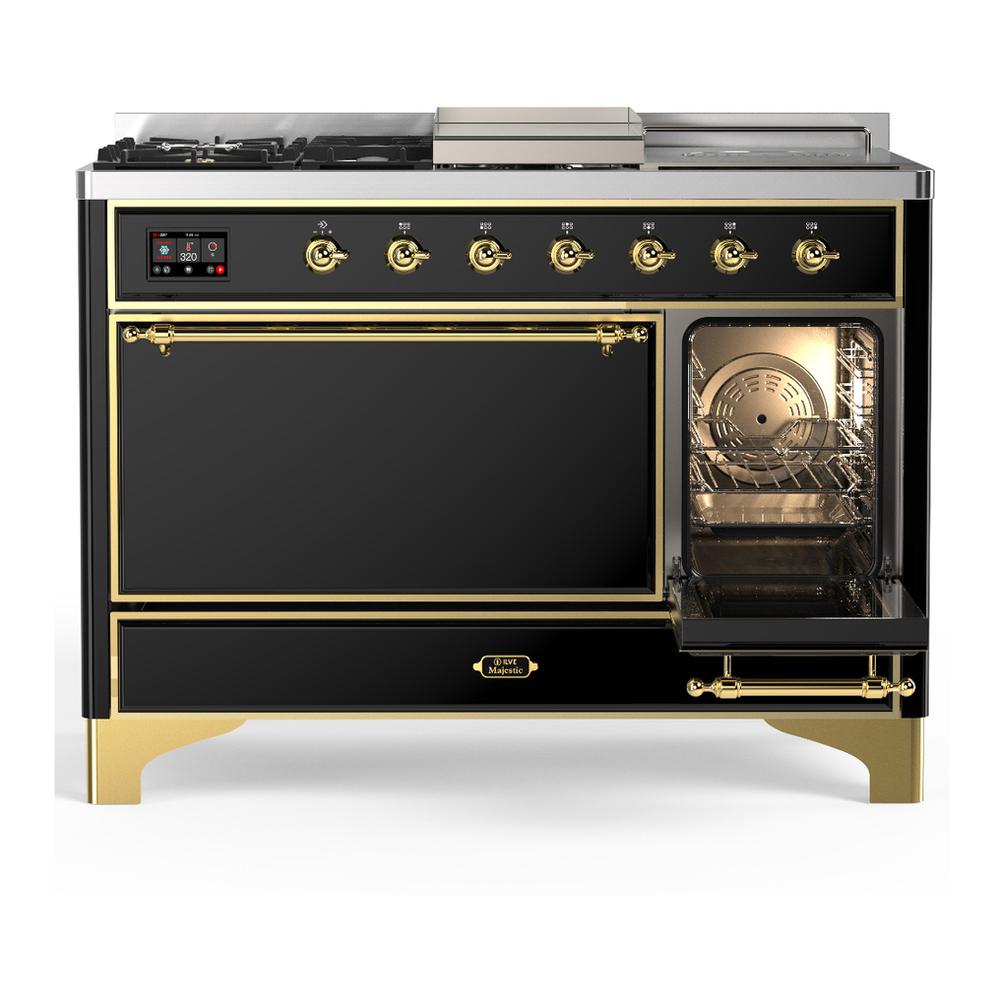 Ilve UM48FSQNR3BKG Ilve Um48Fsqnr3Bkg Majestic Iii 48 Inch Dual Fuel Range With 5 Black Brass Burners, Griddle And French Top, Dual Function Burner Up To 25,000 Btu (Natural Gas, Solid Door, Glossy Black, Brass)