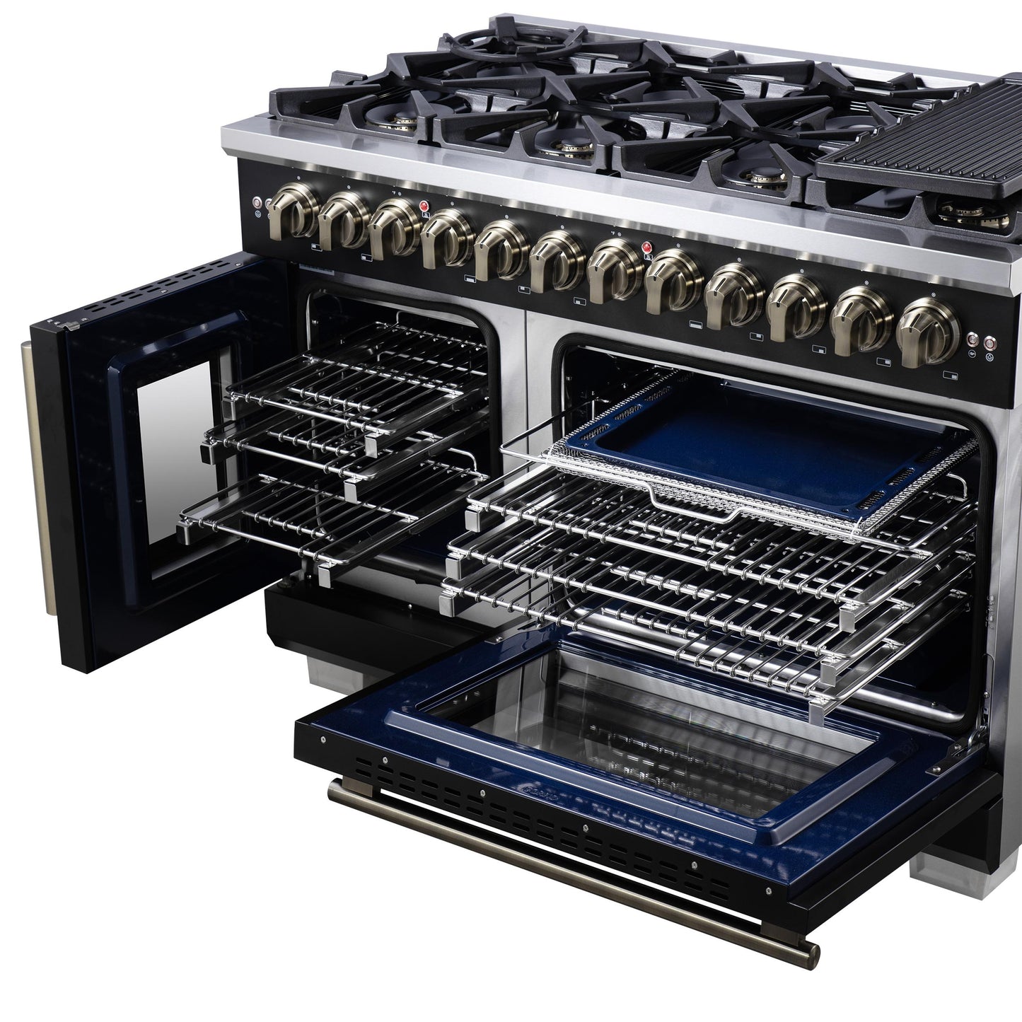Forno FFSGS638748BLK Forno Capriasca 48 Inch Freestanding French Door Dual Fuel Range In Black With Antique Brass Accessories, 8 Burners, True Convection Oven