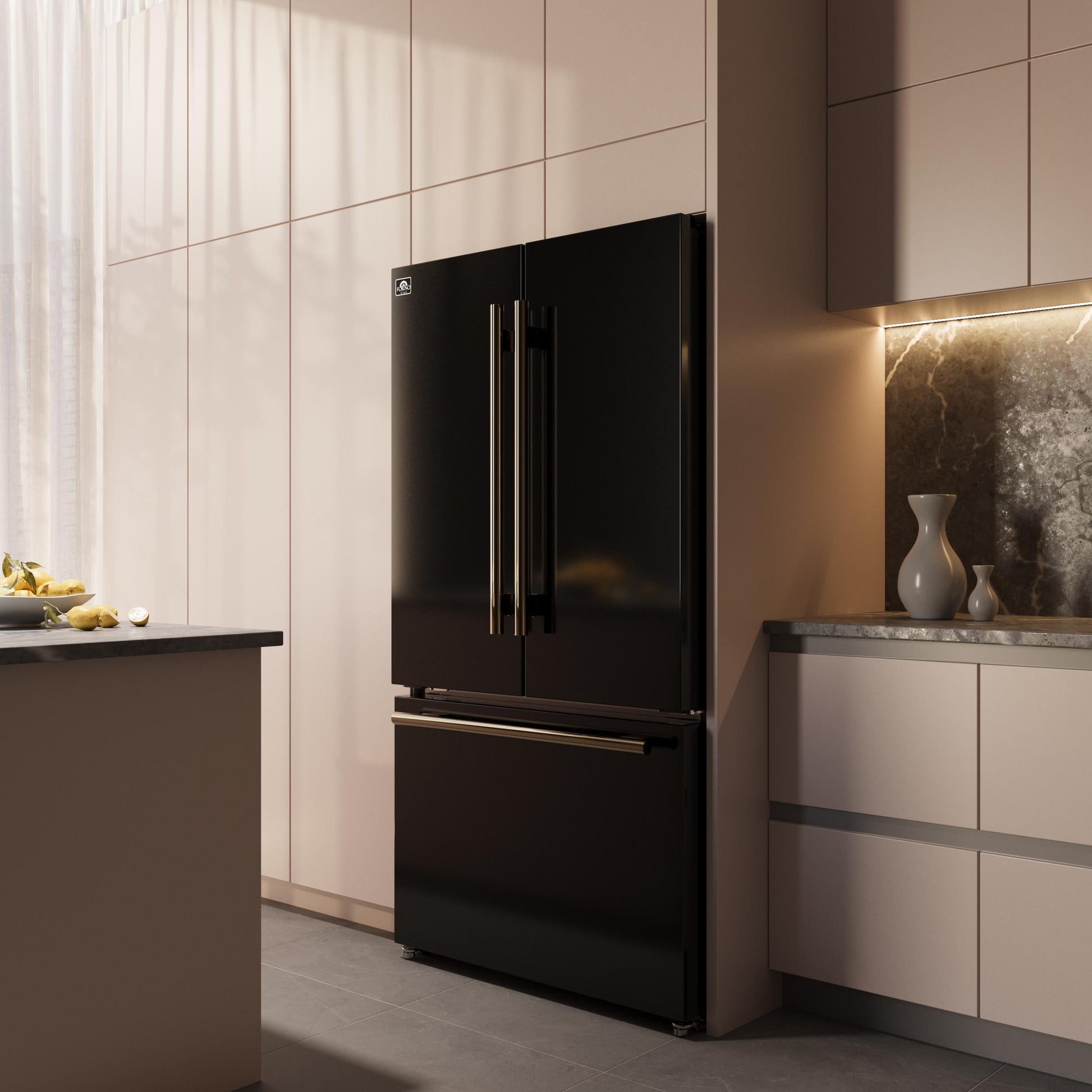 Forno FFFFD178336BLK Forno Rivello 36 Inch French Door Refrigerator In Black With Antique Brass, Internal Water Dispenser, Filtered Ice, Adjustable Shelves, Energy Star Certified