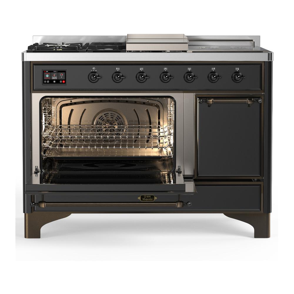Ilve UM48FSQNR3MGB Ilve Um48Fsqnr3Mgb Majestic Iii 48 Inch Dual Fuel Range With 5 Black Brass Burners, Griddle And French Top, Dual Function Burner Up To 25,000 Btu (Natural Gas, Solid Door, Graphite Matte, Burnished)