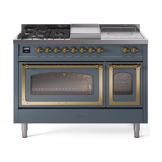 Ilve UN48FSNMPBGG Ilve Un48Fsnmpbgg Nostalgie Ii Noblesse 48" Dual Fuel Range (5 Sealed Burners + Griddle + French Top, Natural Gas, Triple Glass Door, Blue Grey, Brass)