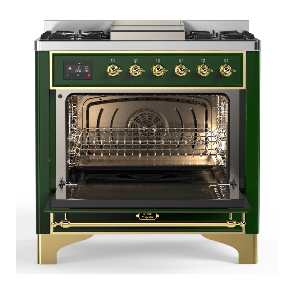 Ilve UM36FNR3EGG Ilve Um36Fnr3Egg Majestic Iii 36 Inch Dual Fuel Range With 6 Black Brass Burners And Griddle, Dual Function Burner Up To 25,000 Btu (Triple Glass Door, Emerald Green, Brass, Natural Gas)
