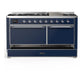 Ilve UM60FQNR3MBCLP Ilve Um60Fqnr3Mbclp Majestic Iii 60 Inch Dual Fuel Range With 9 Burners And Griddle, Dual Function Burner Up To 25,000 Btu (Liquid Propane, Solid Door, Midnight Blue, Chrome)