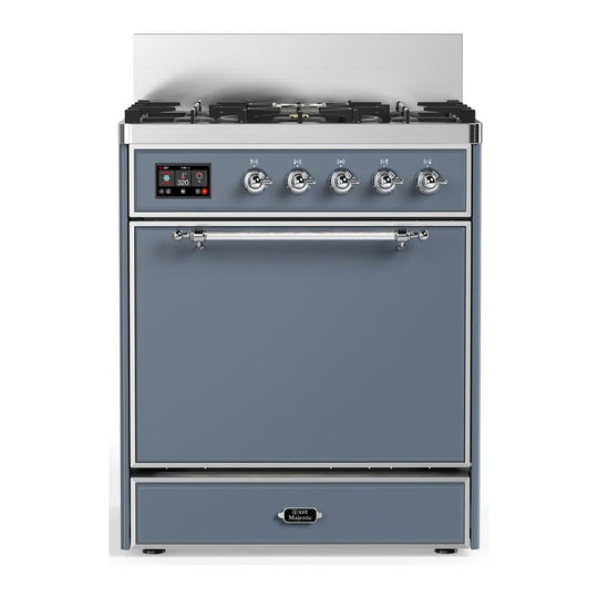 Ilve UM30QNR3BGC Ilve Um30Qnr3Bgc Majestic Iii 30 Inch Dual Fuel Range With 5 Black Brass Burners, Dual Function Burner Up To 25,000 Btu (Natural Gas, Solid Door, Blue Grey, Chrome)