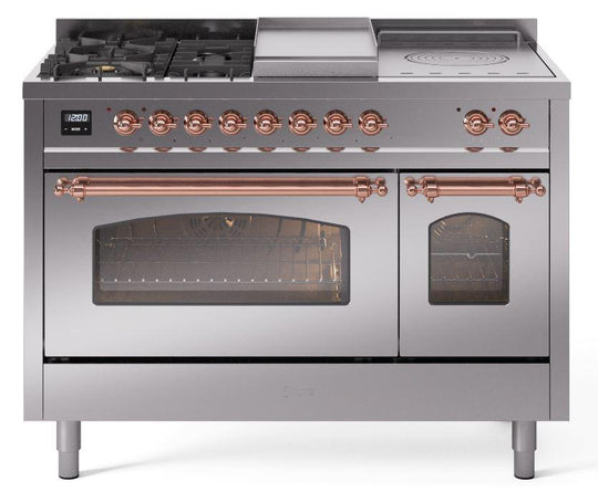 Ilve UP48FSNMPSSP Nostalgie Ii 48 Inch Dual Fuel Natural Gas Freestanding Range In Stainless Steel With Copper Trim