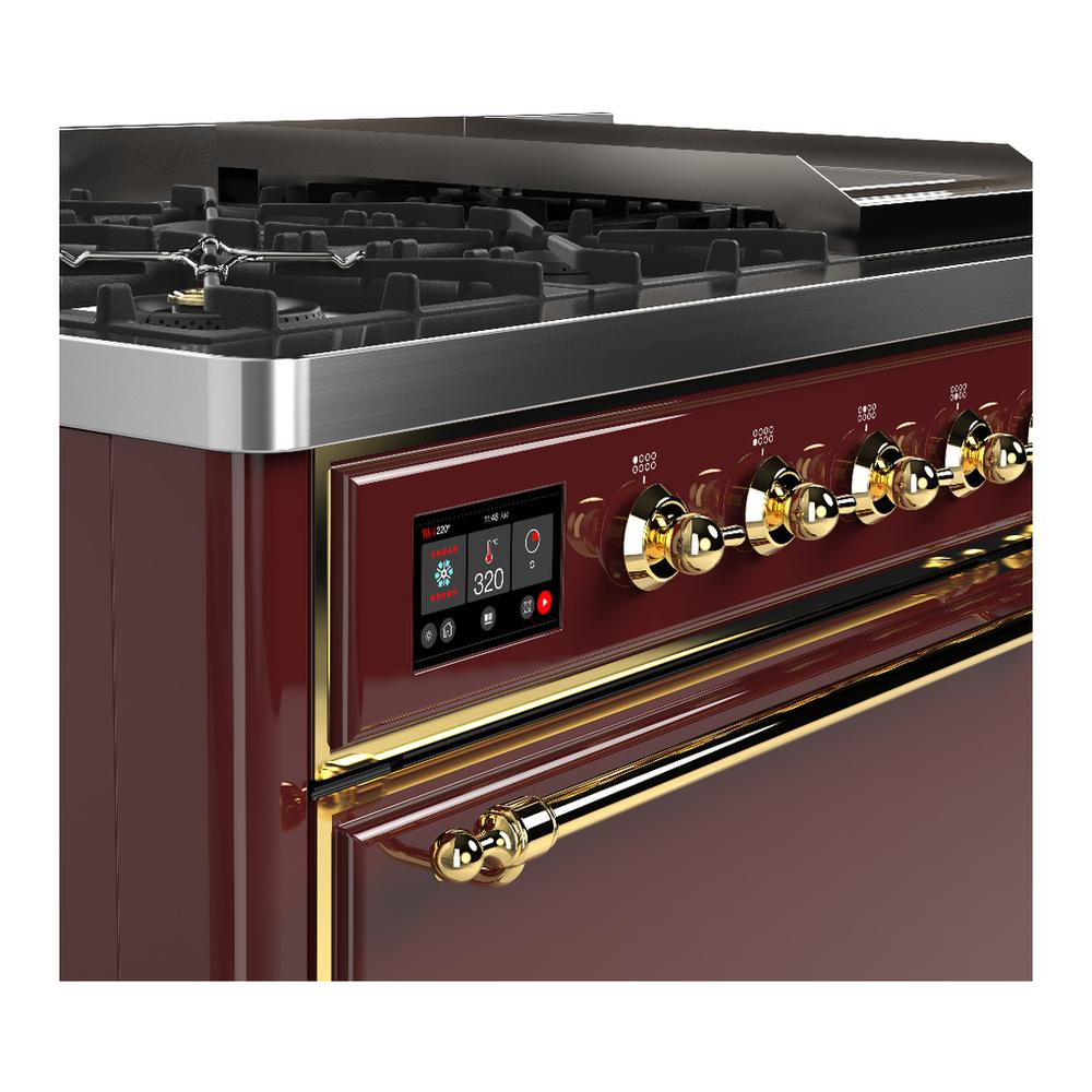 Ilve UM48FQNR3BUGLP Ilve Um48Fqnr3Buglp Majestic Iii 48 Inch Dual Fuel Range With 8 Burners And Griddle, Dual Function Burner Up To 25,000 Btu (Liquid Propane, Solid Door, Burgundy, Brass)