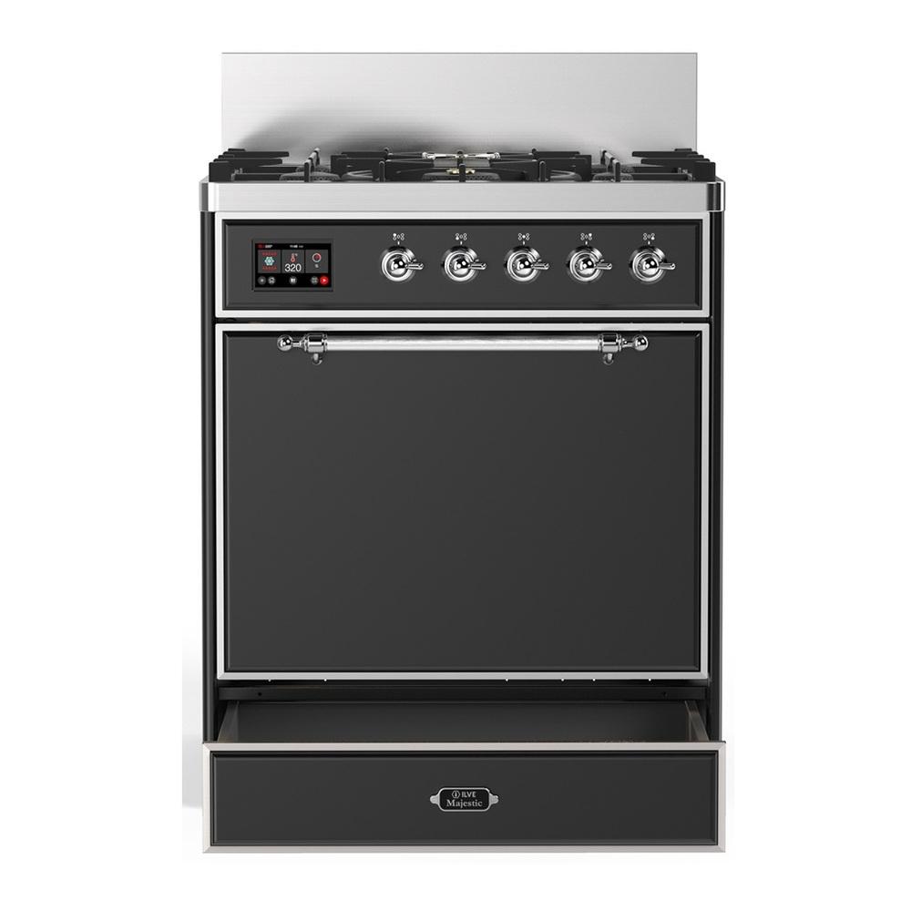 Ilve UM30QNR3MGC Ilve Um30Qnr3Mgc Majestic Iii 30 Inch Dual Fuel Range With 5 Black Brass Burners, Dual Function Burner Up To 25,000 Btu (Natural Gas, Solid Door, Graphite Matte, Chrome)