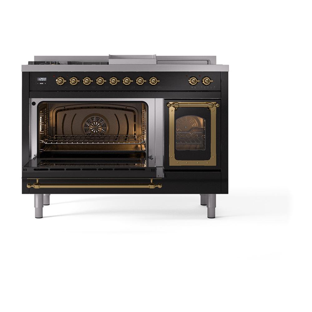 Ilve UN48FSNMPBKG Ilve Un48Fsnmpbkg Nostalgie Ii Noblesse 48" Dual Fuel Range (5 Sealed Burners + Griddle + French Top, Natural Gas, Triple Glass Door, Glossy Black, Brass)