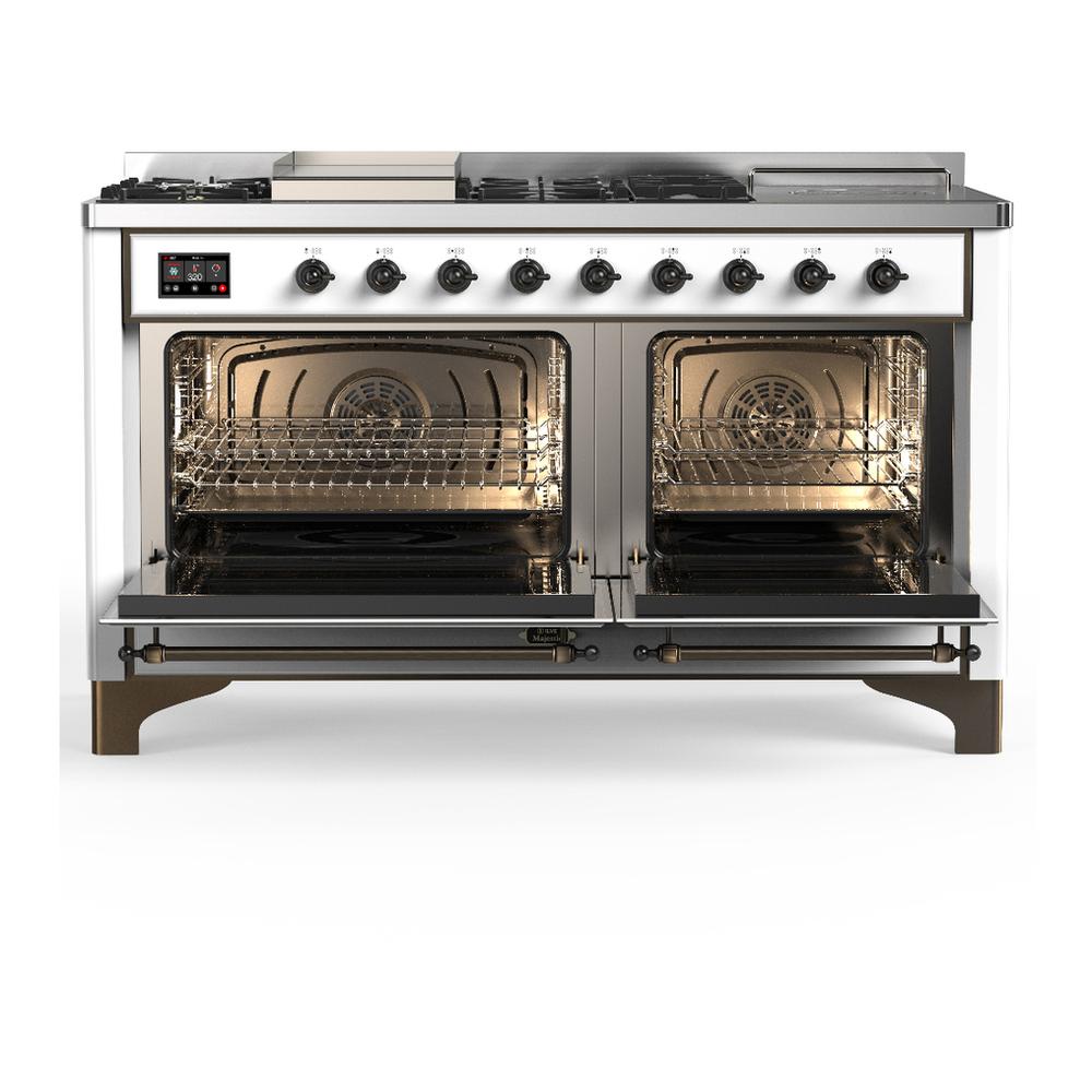 Ilve UM60FSQNR3WHBLP Ilve Um60Fsqnr3Whblp Majestic Iii 60 Inch Dual Fuel Range With 7 Burners, Griddle And French Top, Dual Function Burner With Up To 25,000 Btu (Liquid Propane, Solid Door, White, Burnished)