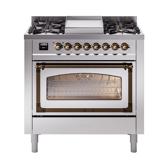 Ilve UN36FNMPSSBLP Ilve Un36Fnmpssblp Nostalgie Ii Noblesse 36" Dual Fuel Range (Liquid Propane, Triple Glass Door, Stainless Steel, Burnished)