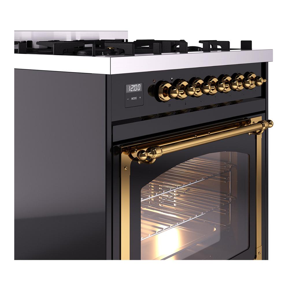 Ilve UN30NMPBKGLP Ilve Un30Nmpbkglp Nostalgie Ii Noblesse 30" Dual Fuel Range (Liquid Propane, Triple Glass Door, Glossy Black, Brass)