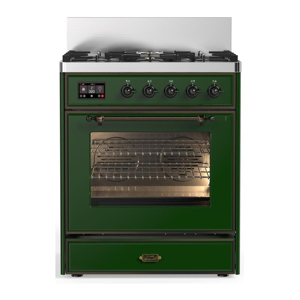 Ilve UM30NR3EGB Ilve Um30Nr3Egb Majestic Iii 30 Inch Dual Fuel Range With 5 Black Brass Burners, Dual Function Burner Up To 25,000 Btu (Natural Gas, Triple Glass Door, Emerald Green, Burnished)