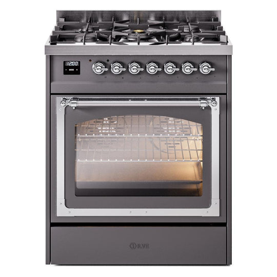 Ilve UN30NMPMGC Ilve Un30Nmpmgc Nostalgie Ii Noblesse 30" Dual Fuel Range (Natural Gas, Triple Glass Door, Graphite Matte, Chrome)