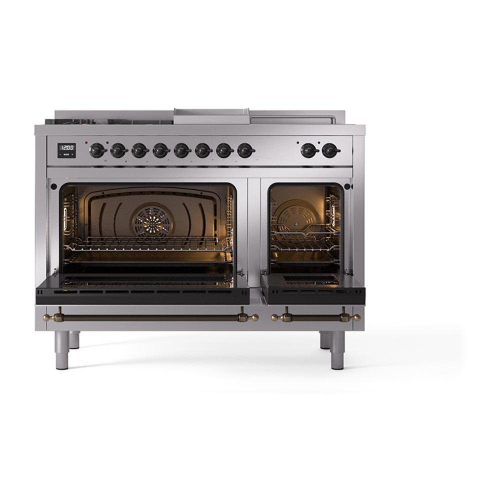 Ilve UN48FSQNMPSSBLP Ilve Un48Fsqnmpssblp Nostalgie Ii Noblesse 48" Dual Fuel Range (5 Sealed Burners + Griddle + French Top, Liquid Propane, Solid Door, Stainless Steel, Burnished)