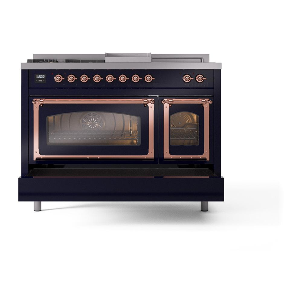 Ilve UN48FSNMPMBPLP Ilve Un48Fsnmpmbplp Nostalgie Ii Noblesse 48" Dual Fuel Range (5 Sealed Burners + Griddle + French Top, Liquid Propane, Triple Glass Door, Midnight Blue, Copper)