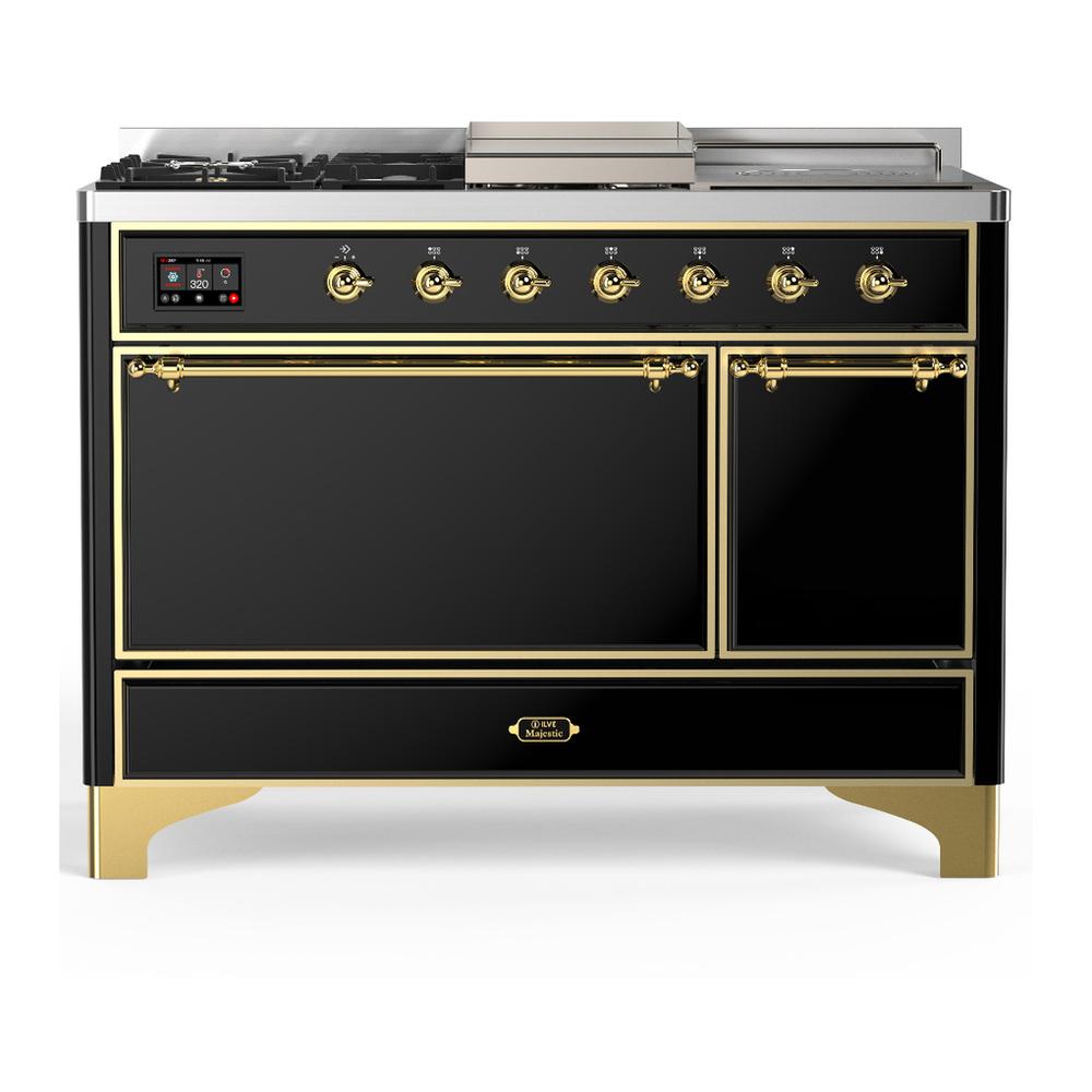 Ilve UM48FSQNR3BKGLP Ilve Um48Fsqnr3Bkglp Majestic Iii 48 Inch Dual Fuel Range With 5 Black Brass Burners, Griddle And French Top, Dual Function Burner Up To 25,000 Btu (Liquid Propane, Solid Door, Glossy Black, Brass)