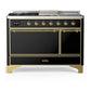 Ilve UM48FSQNR3BKGLP Ilve Um48Fsqnr3Bkglp Majestic Iii 48 Inch Dual Fuel Range With 5 Black Brass Burners, Griddle And French Top, Dual Function Burner Up To 25,000 Btu (Liquid Propane, Solid Door, Glossy Black, Brass)