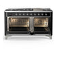 Ilve UM60FQNR3BKC Ilve Um60Fqnr3Bkc Majestic Iii 60 Inch Dual Fuel Range With 9 Burners And Griddle, Dual Function Burner Up To 25,000 Btu (Natural Gas, Solid Door, Glossy Black, Chrome)