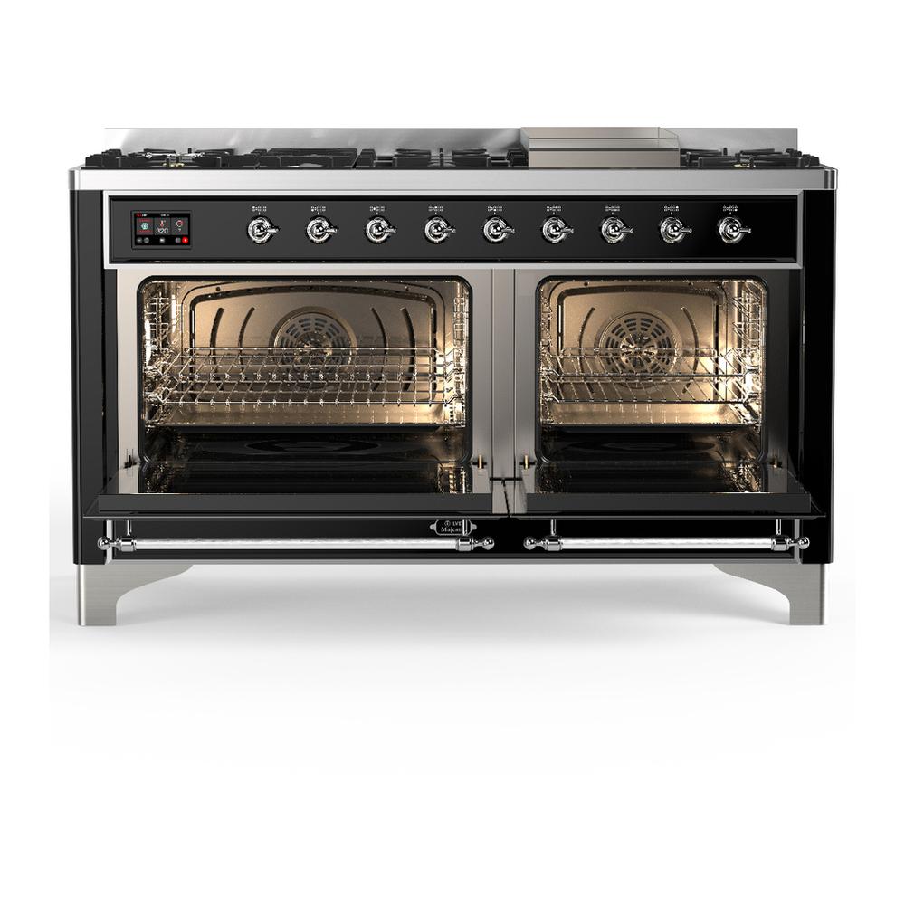 Ilve UM60FQNR3BKC Ilve Um60Fqnr3Bkc Majestic Iii 60 Inch Dual Fuel Range With 9 Burners And Griddle, Dual Function Burner Up To 25,000 Btu (Natural Gas, Solid Door, Glossy Black, Chrome)