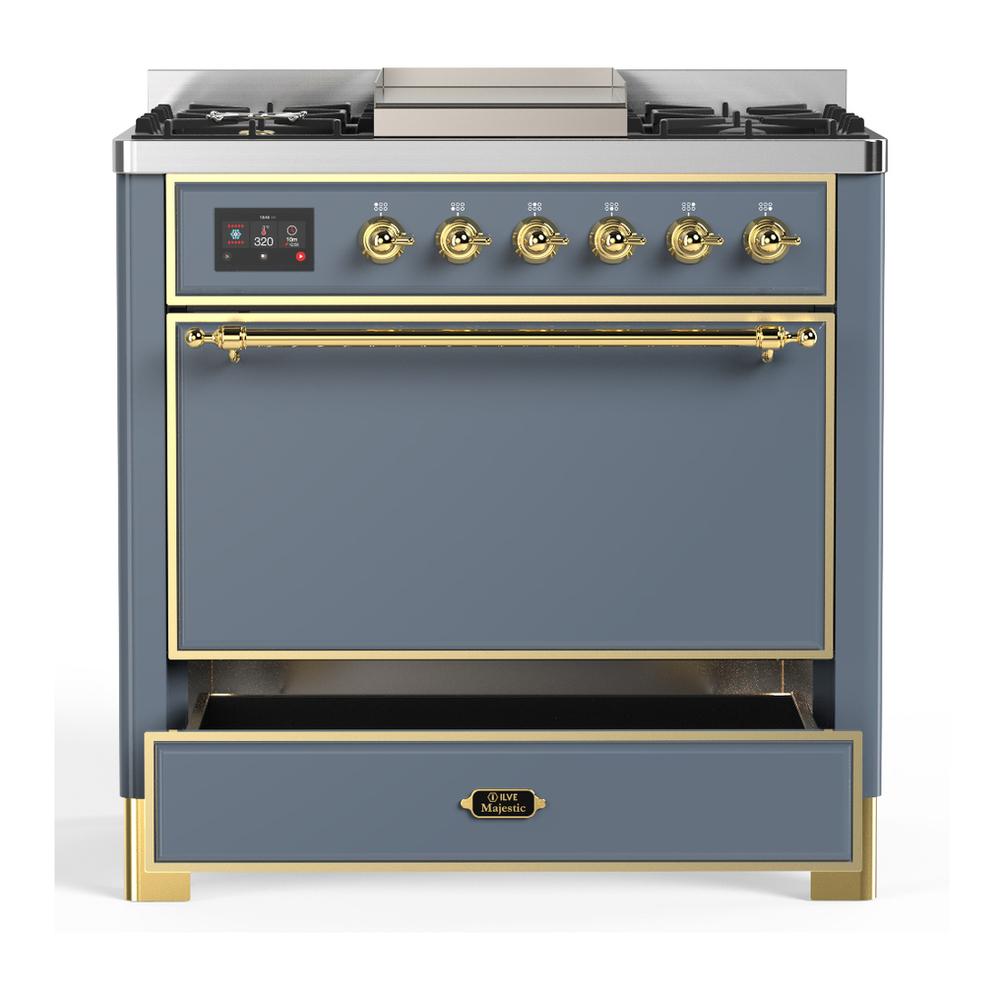 Ilve UM36FQNR3BGG Ilve Um36Fqnr3Bgg Majestic Iii 36 Inch Dual Fuel Range With 6 Black Brass Burners And Griddle, Dual Function Burner Up To 25,000 Btu (Solid Door, Blue Grey, Brass, Natural Gas)