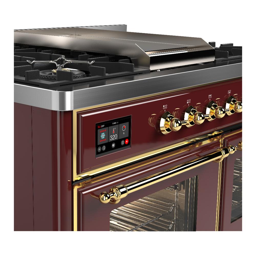 Ilve UMD40FNR3BUG Ilve Umd40Fnr3Bug Majestic Iii 40 Inch Dual Fuel Range With 6 Burners And Griddle, Dual Function Burner Up To 25,000 Btu (Natural Gas, Triple Glass Door, Burgundy, Brass)
