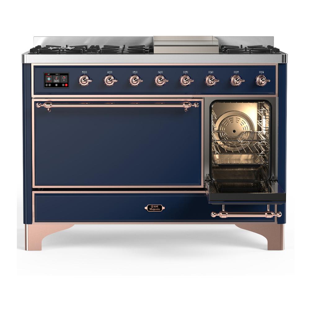 Ilve UM48FQNR3MBP Ilve Um48Fqnr3Mbp Majestic Iii 48 Inch Dual Fuel Range With 8 Burners And Griddle, Dual Function Burner Up To 25,000 Btu (Natural Gas, Solid Door, Midnight Blue, Copper)