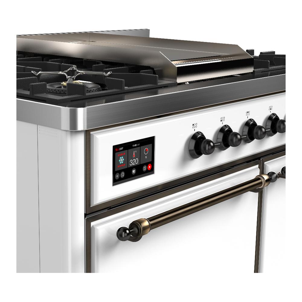 Ilve UMD40FQNR3WHBLP Ilve Umd40Fqnr3Whblp Majestic Iii 40 Inch Dual Fuel Range With 6 Burners And Griddle, Dual Function Burner Up To 25,000 Btu (Liquid Propane, Solid Door, White, Burnished)