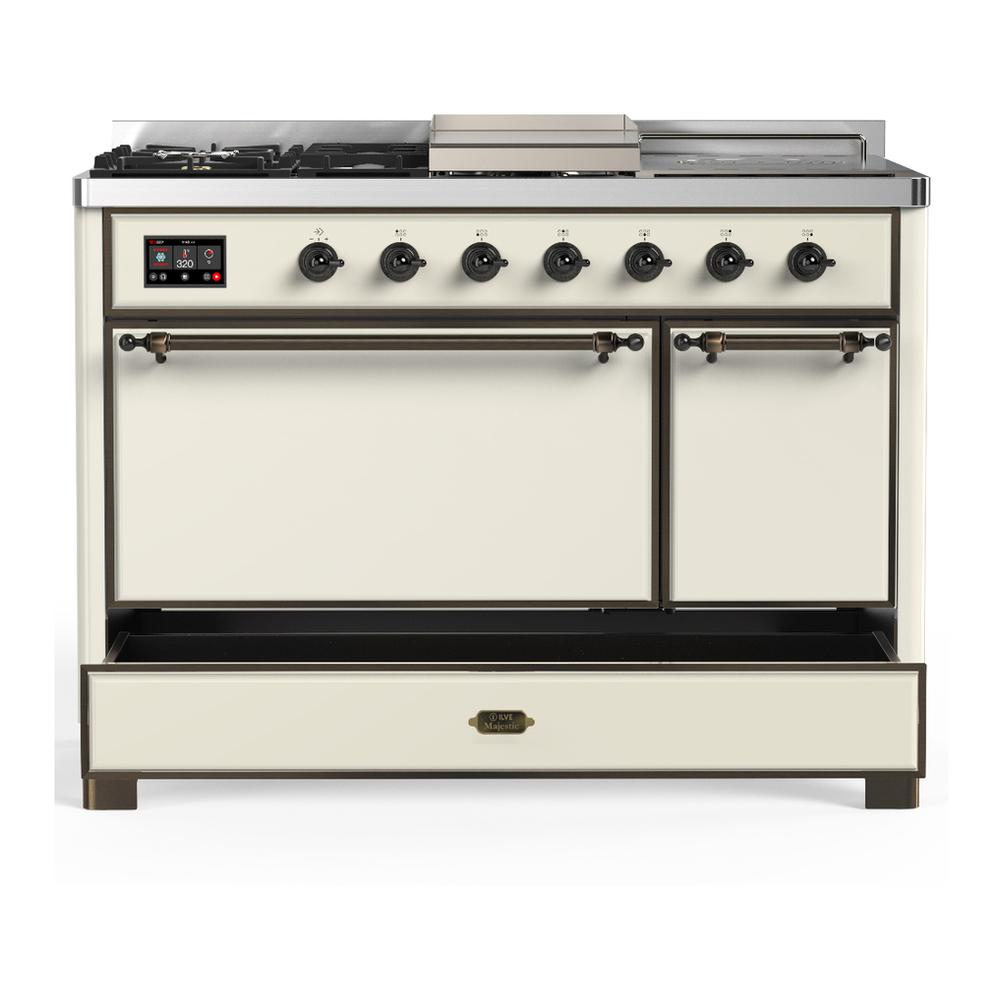 Ilve UM48FSQNR3AWB Ilve Um48Fsqnr3Awb Majestic Iii 48 Inch Dual Fuel Range With 5 Black Brass Burners, Griddle And French Top, Dual Function Burner Up To 25,000 Btu (Natural Gas, Solid Door, Antique White, Burnished)