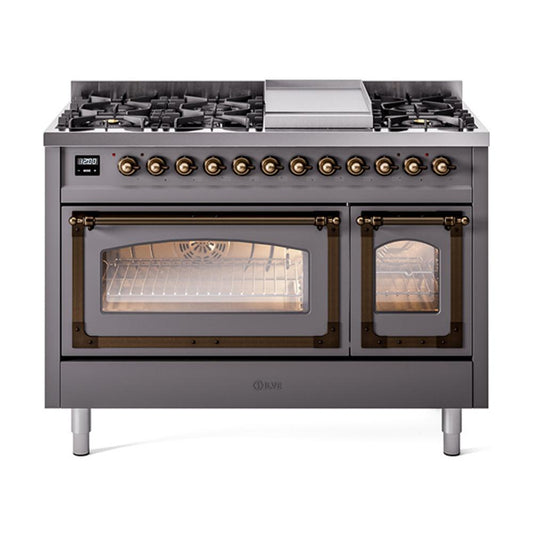 Ilve UN48FNMPMGB Ilve Un48Fnmpmgb Nostalgie Ii Noblesse 48" Dual Fuel Range (8 Sealed Burners + Griddle, Natural Gas, Triple Glass Door, Graphite Matte, Burnished)