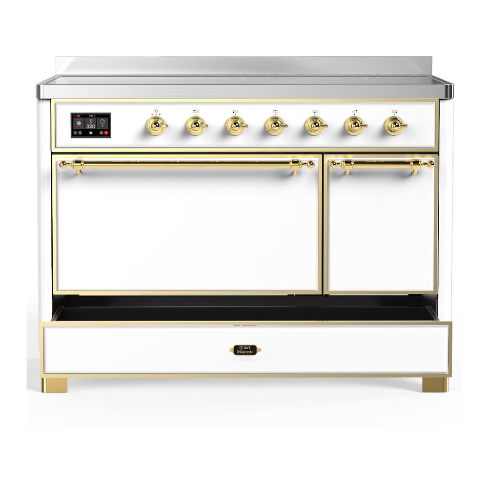Ilve UMIB48QNR3WHG Ilve Umib48Qnr3Whg Majestic Iii 48 Inch Induction Range With 6 Elements, 5.02 Cu. Ft. Total Oven Capacity (Solid Door, White, Brass)