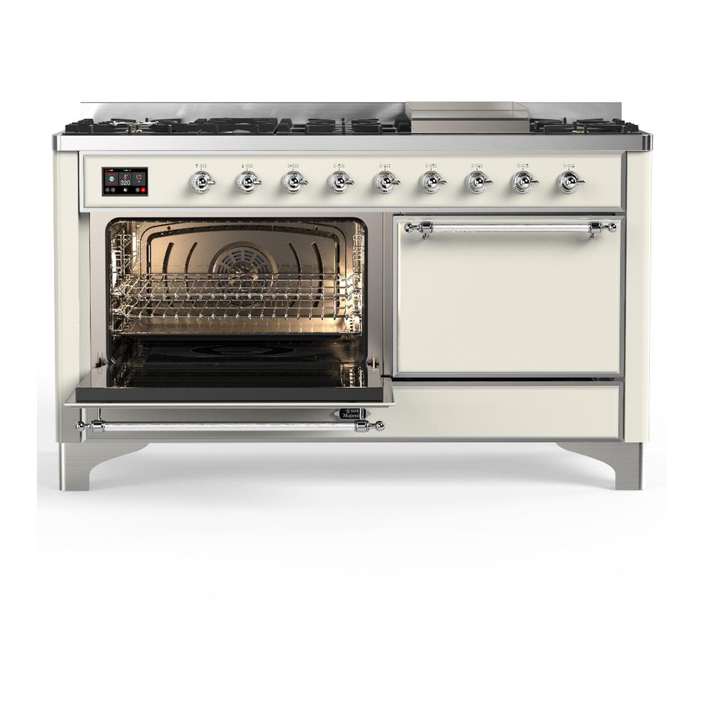 Ilve UM60FQNR3AWC Ilve Um60Fqnr3Awc Majestic Iii 60 Inch Dual Fuel Range With 9 Burners And Griddle, Dual Function Burner Up To 25,000 Btu (Natural Gas, Solid Door, Antique White, Chrome)