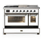 Ilve UM48FSNR3WHBLP Ilve Um48Fsnr3Whblp Majestic Iii 48 Inch Dual Fuel Range With 5 Black Brass Burners, Griddle And French Top, Dual Function Burner Up To 25,000 Btu (Liquid Propane, Triple Glass Door, White, Burnished)