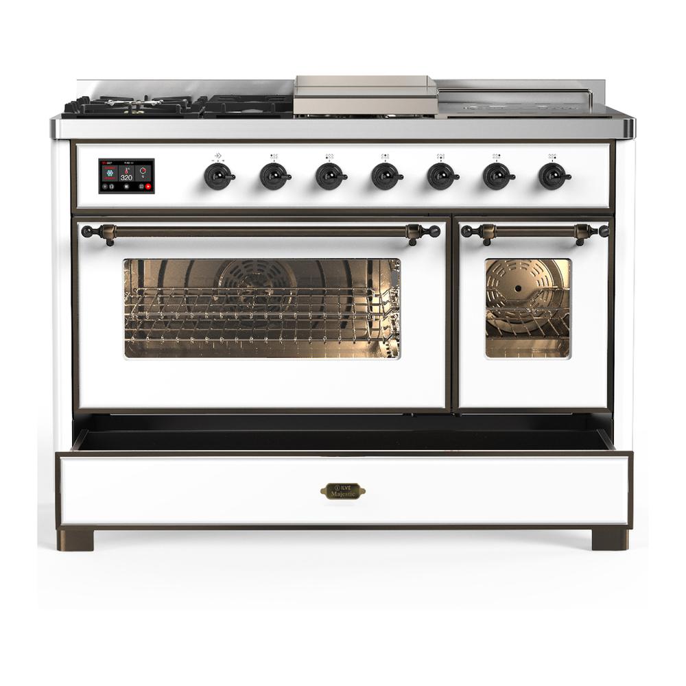 Ilve UM48FSNR3WHBLP Ilve Um48Fsnr3Whblp Majestic Iii 48 Inch Dual Fuel Range With 5 Black Brass Burners, Griddle And French Top, Dual Function Burner Up To 25,000 Btu (Liquid Propane, Triple Glass Door, White, Burnished)