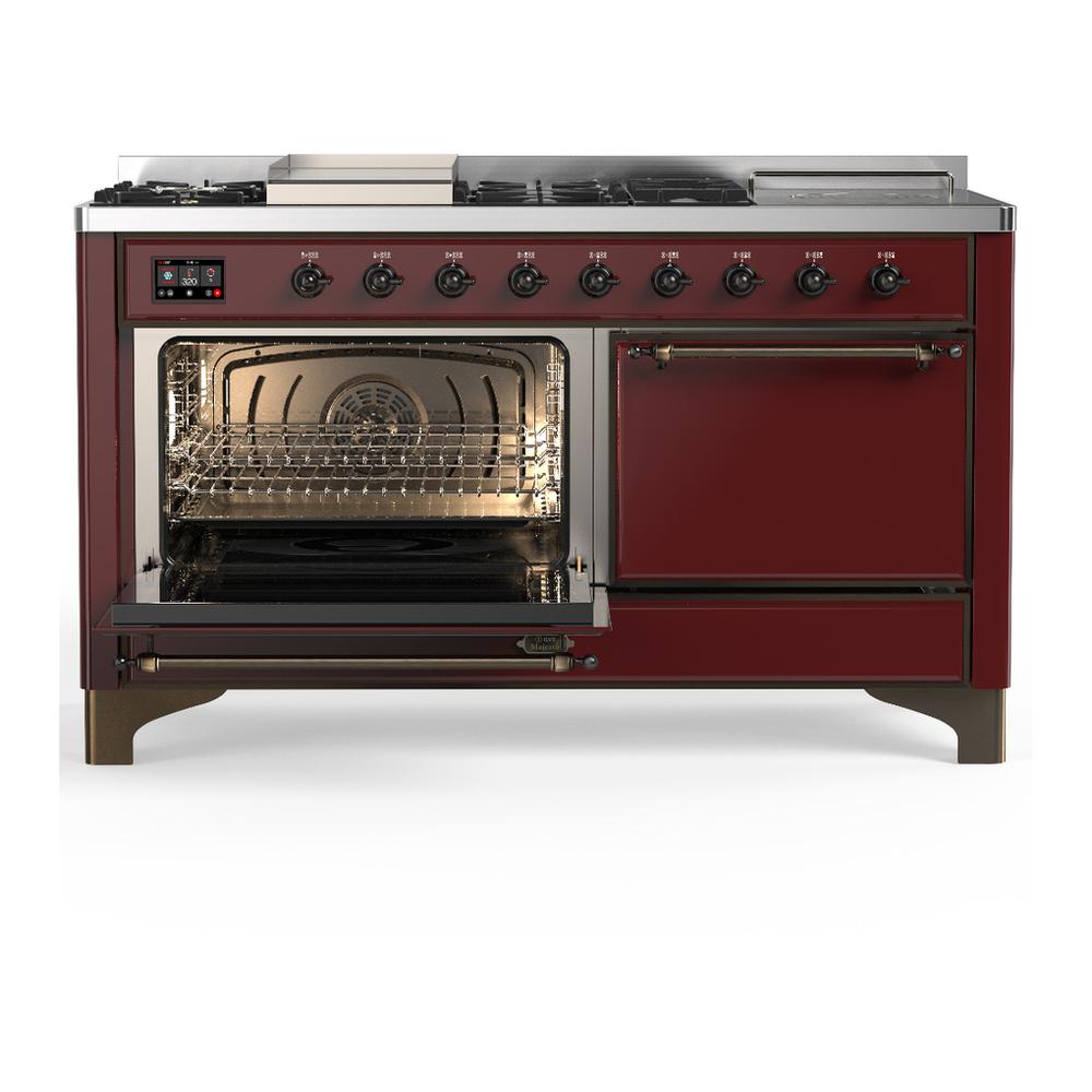 Ilve UM60FSQNR3BUB Ilve Um60Fsqnr3Bub Majestic Iii 60 Inch Dual Fuel Range With 7 Burners, Griddle And French Top, Dual Function Burner With Up To 25,000 Btu (Natural Gas, Solid Door, Burgundy, Burnished)
