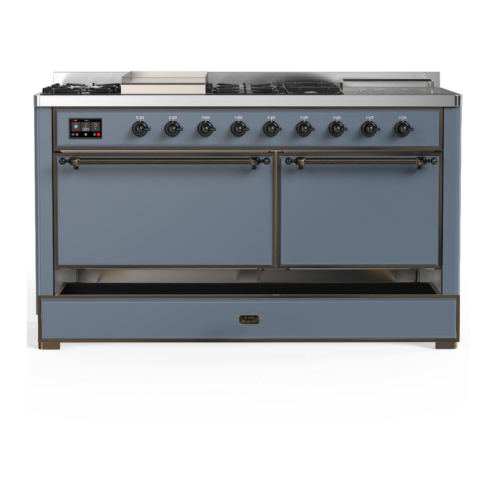 Ilve UM60FSQNR3BGBLP Ilve Um60Fsqnr3Bgblp Majestic Iii 60 Inch Dual Fuel Range With 7 Burners, Griddle And French Top, Dual Function Burner With Up To 25,000 Btu (Liquid Propane, Solid Door, Blue Grey, Burnished)