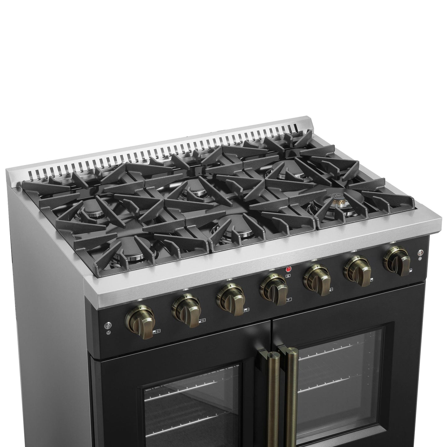 Forno FFSGS644436BLK Forno Galiano 36-Inch French Door Gas Range Black And Antique Brass Design, 6 Sealed Burners 83,000 Btu, 5.36 Cu.Ft. Convection Oven